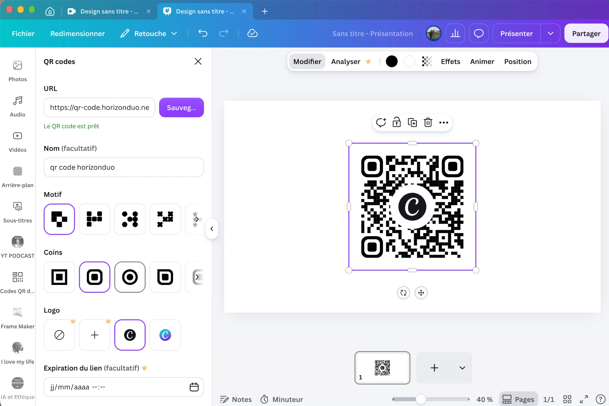 Interface Canva affichant un QR avec le logo Canva et des options de logo réservées à une formule supérieure