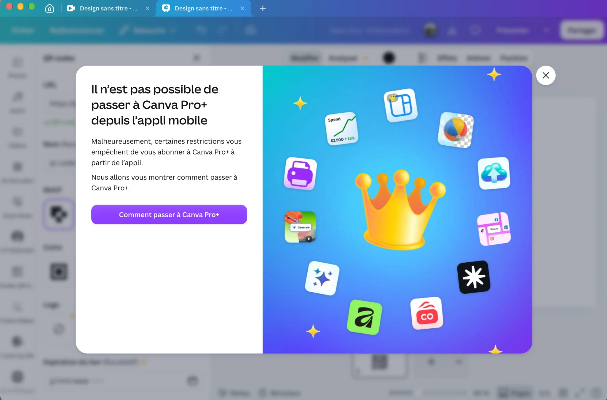 Fenêtre Canva proposant de passer à Canva Pro+ et indiquant que cette souscription est indisponible depuis l’application mobile