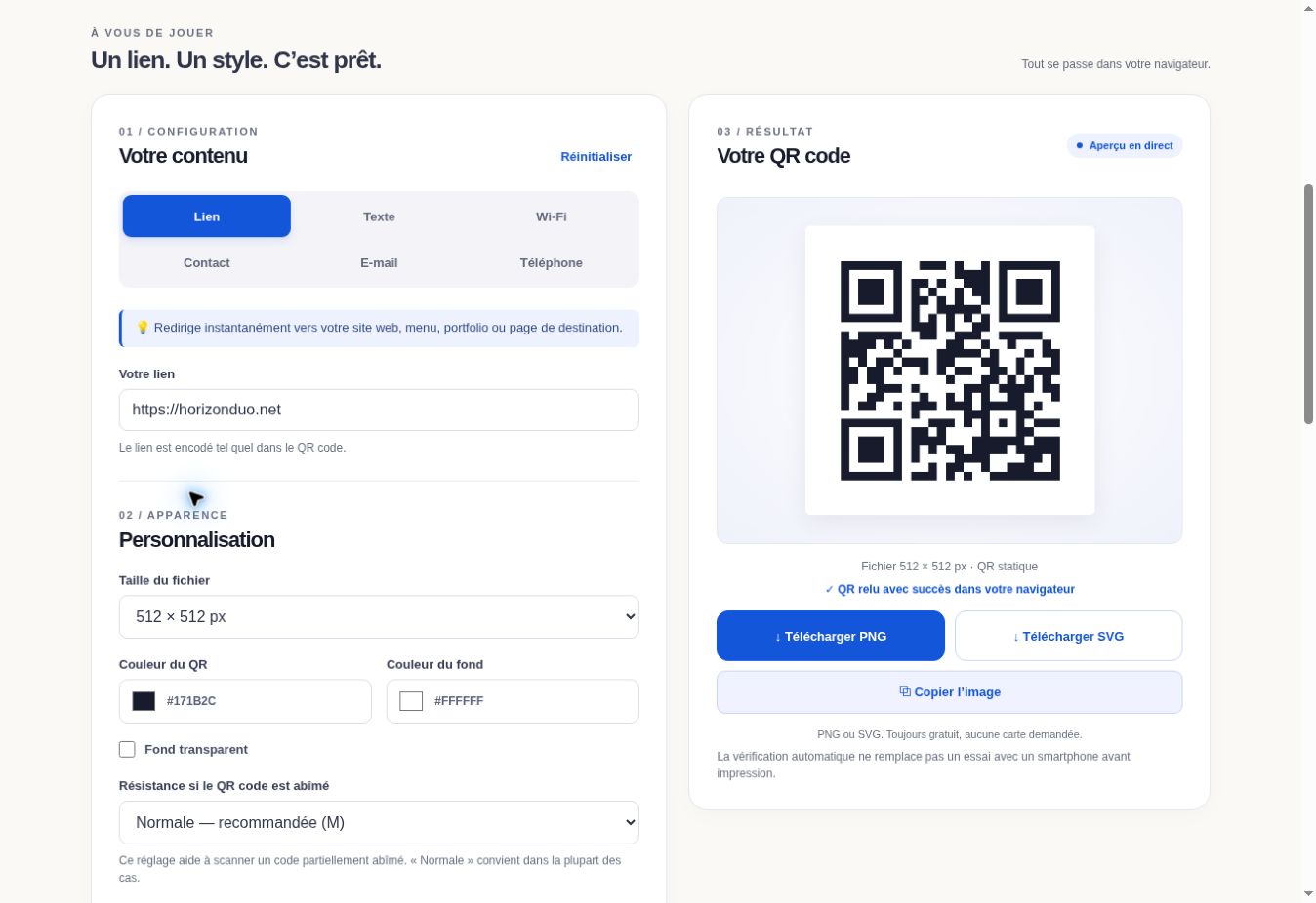 Générateur HorizonDuo QR avec choix du contenu, personnalisation, aperçu et boutons de téléchargement PNG et SVG