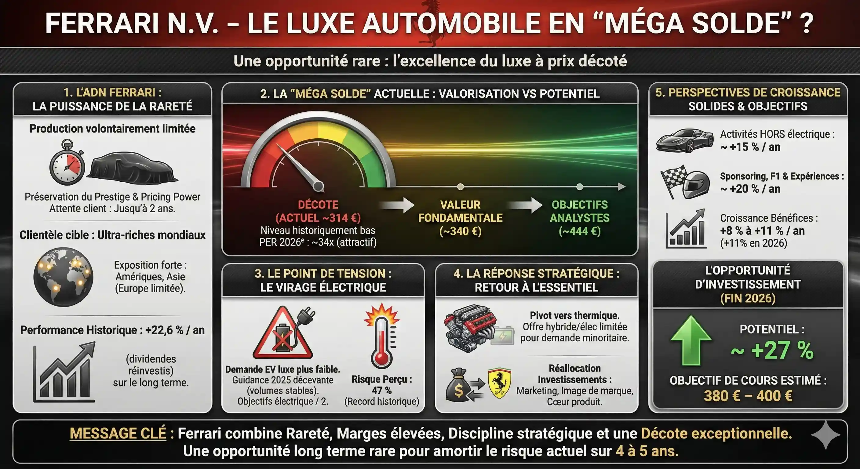 Infographie — Ferrari en forte décote : opportunité rare sur le luxe automobile ?