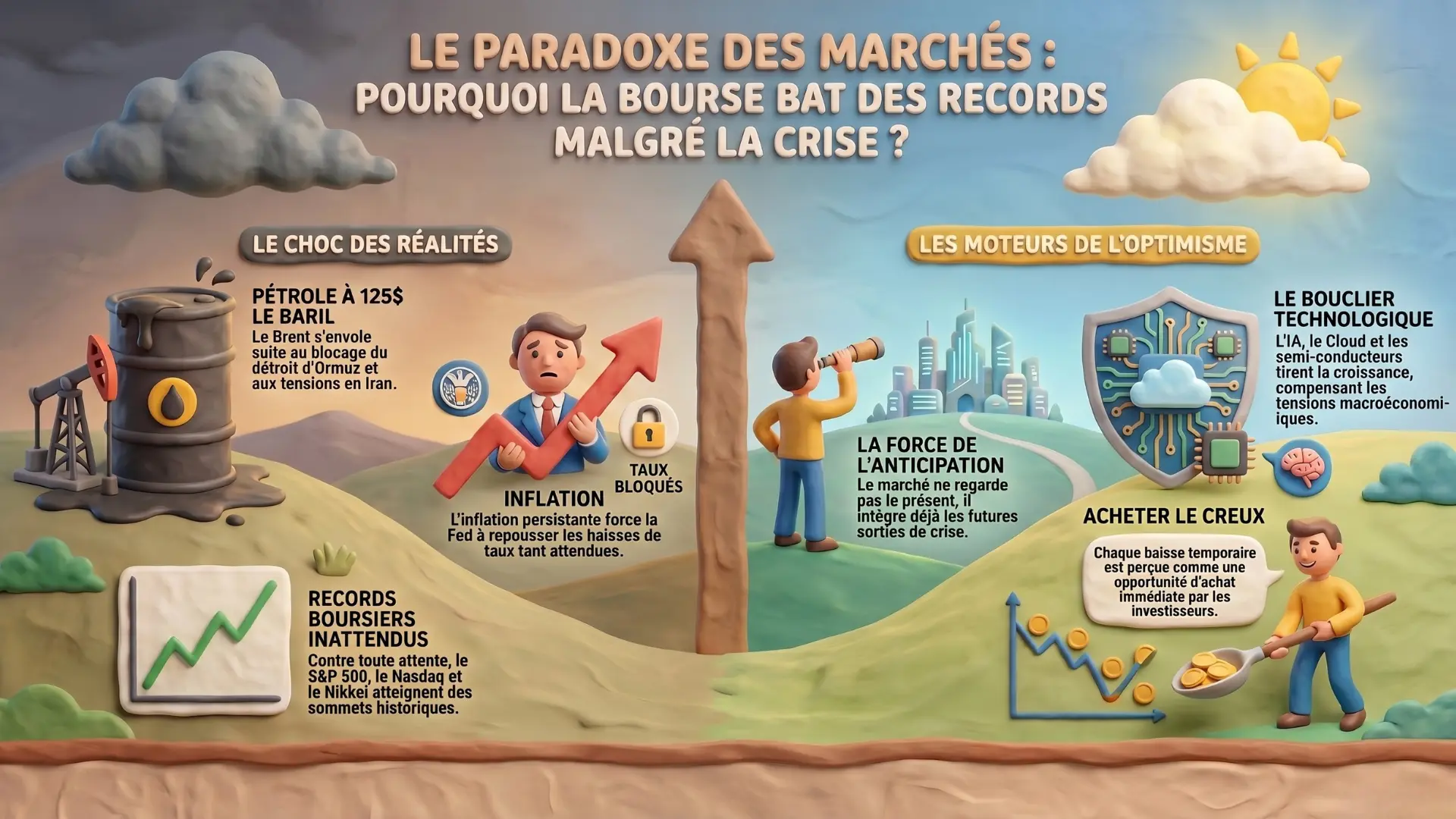 Infographie — Bourse : pétrole en hausse, IA en soutien — que font vraiment les marchés ? (Hebdo 2 mai 2026)