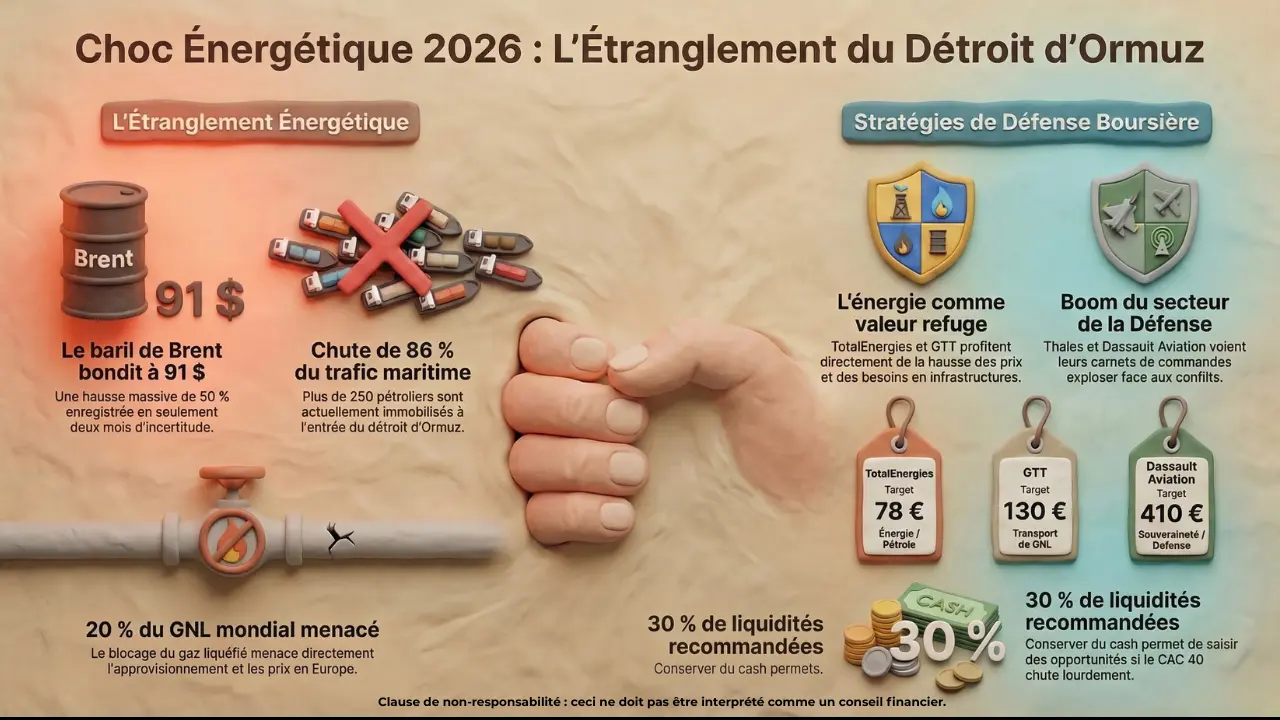 Infographie — Bourse sous tension : pétrole, géopolitique et opportunités d’investissement (7 mars 2026)