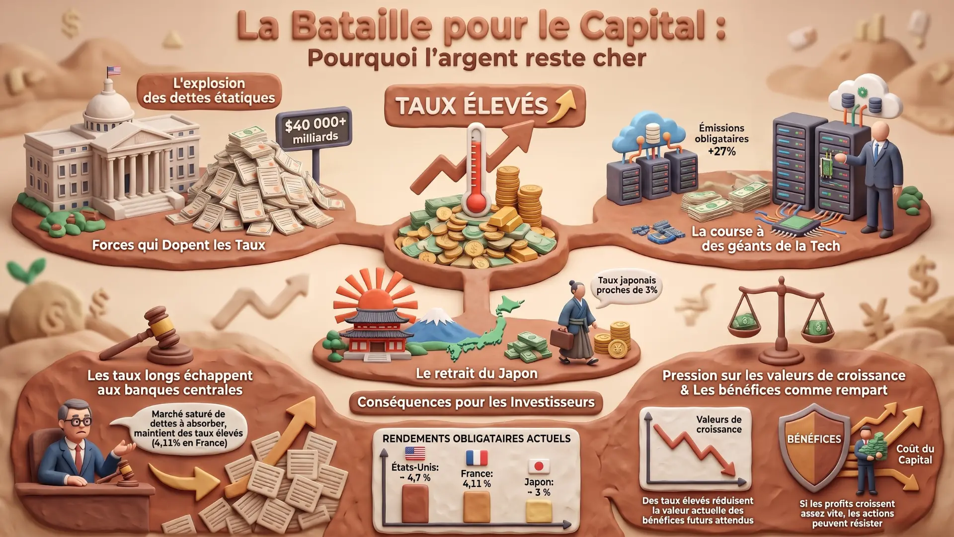 Infographie — Hebdo Bourse du 22 août 2026 : pourquoi la dette et l'IA font remonter les taux longs