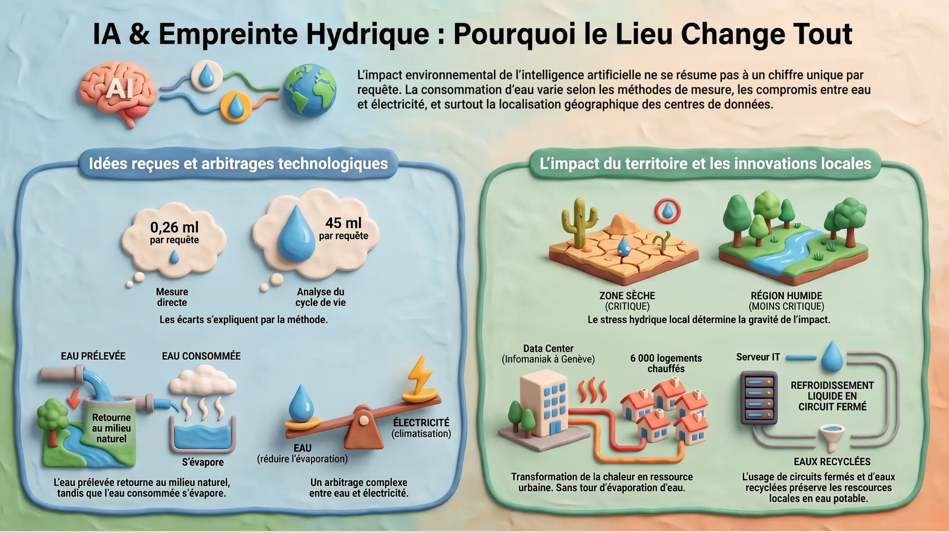 Infographie sur l’empreinte hydrique de l’IA, les méthodes de mesure et l’impact local des data centers