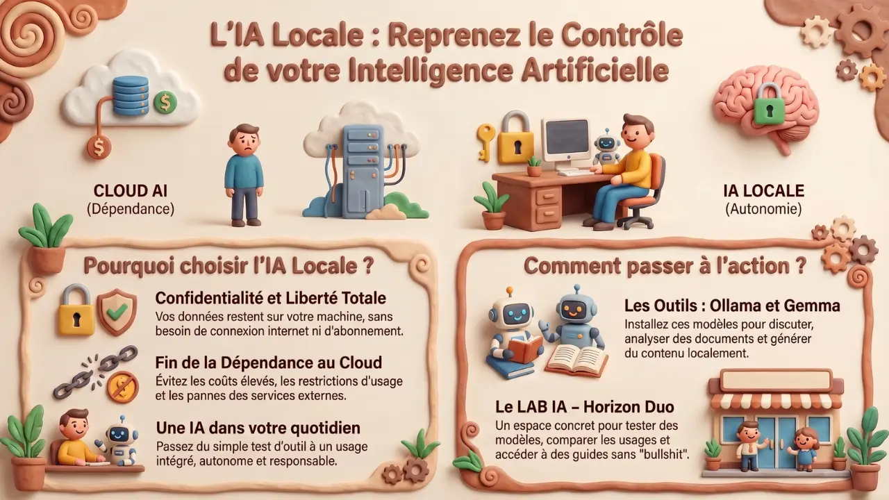 Infographie — IA locale : comment utiliser Ollama et Gemma sans cloud (guide complet)