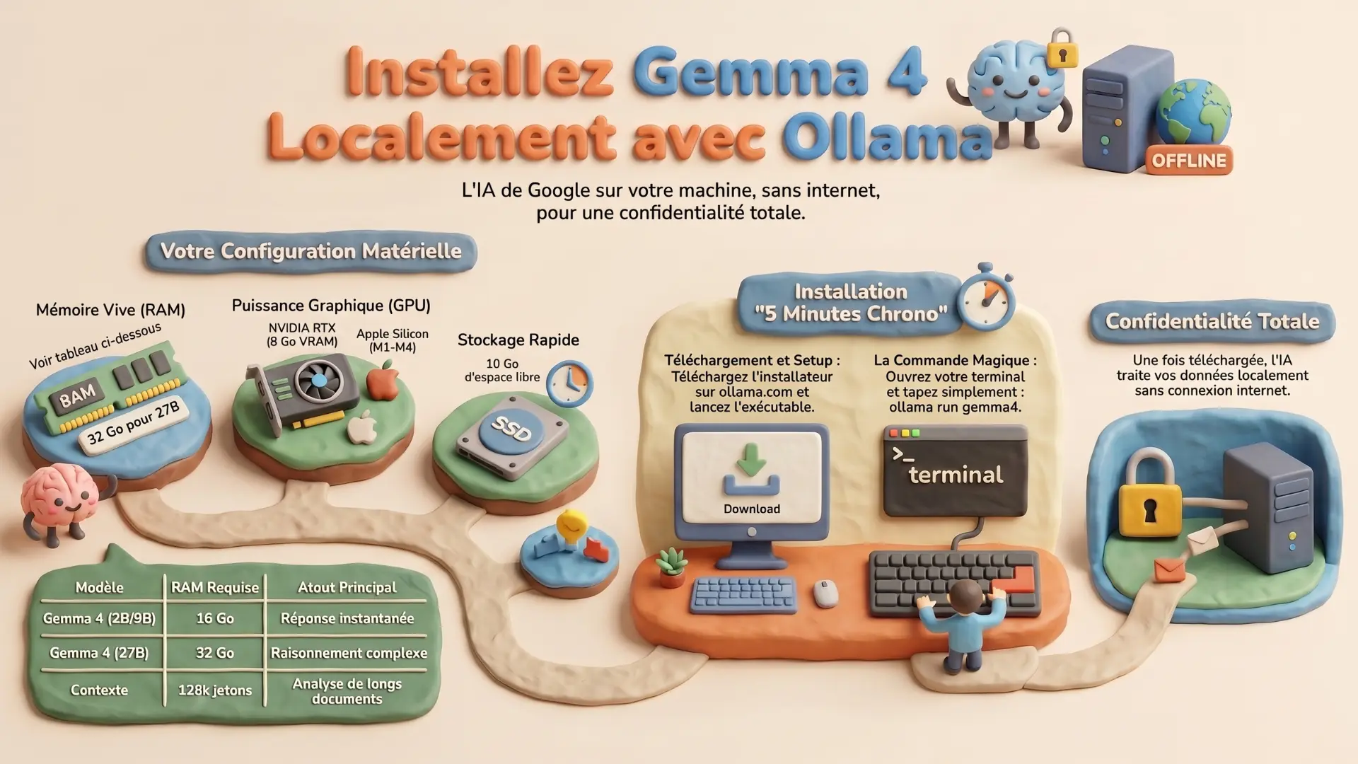 Infographie — IA locale : installer Gemma 4 en local (guide complet sans cloud)