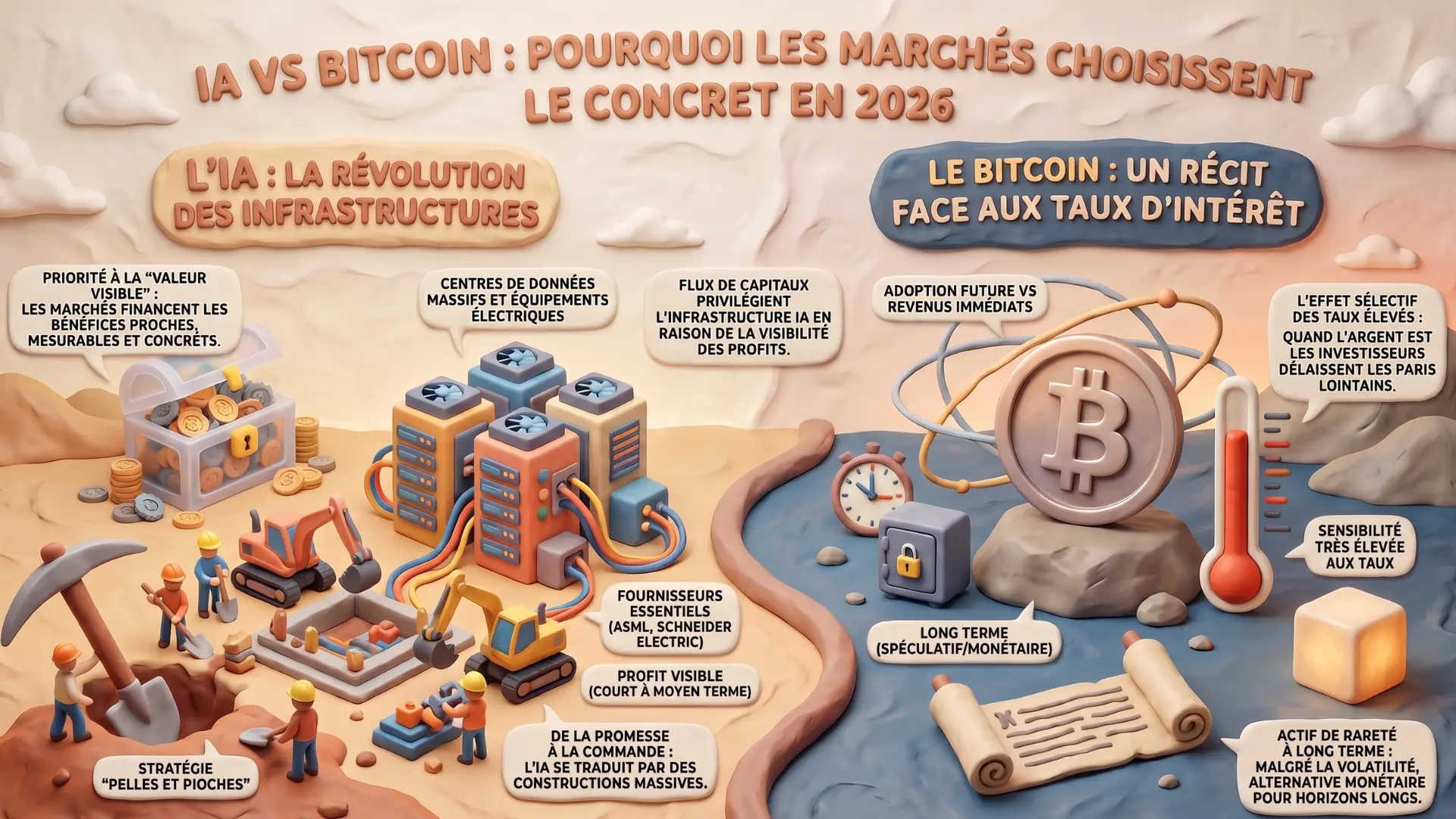 Infographie — Les marchés deviennent plus sélectifs : pourquoi l’IA attire les capitaux pendant que le Bitcoin recule | Hebdo Bourse du 4 juillet 2026